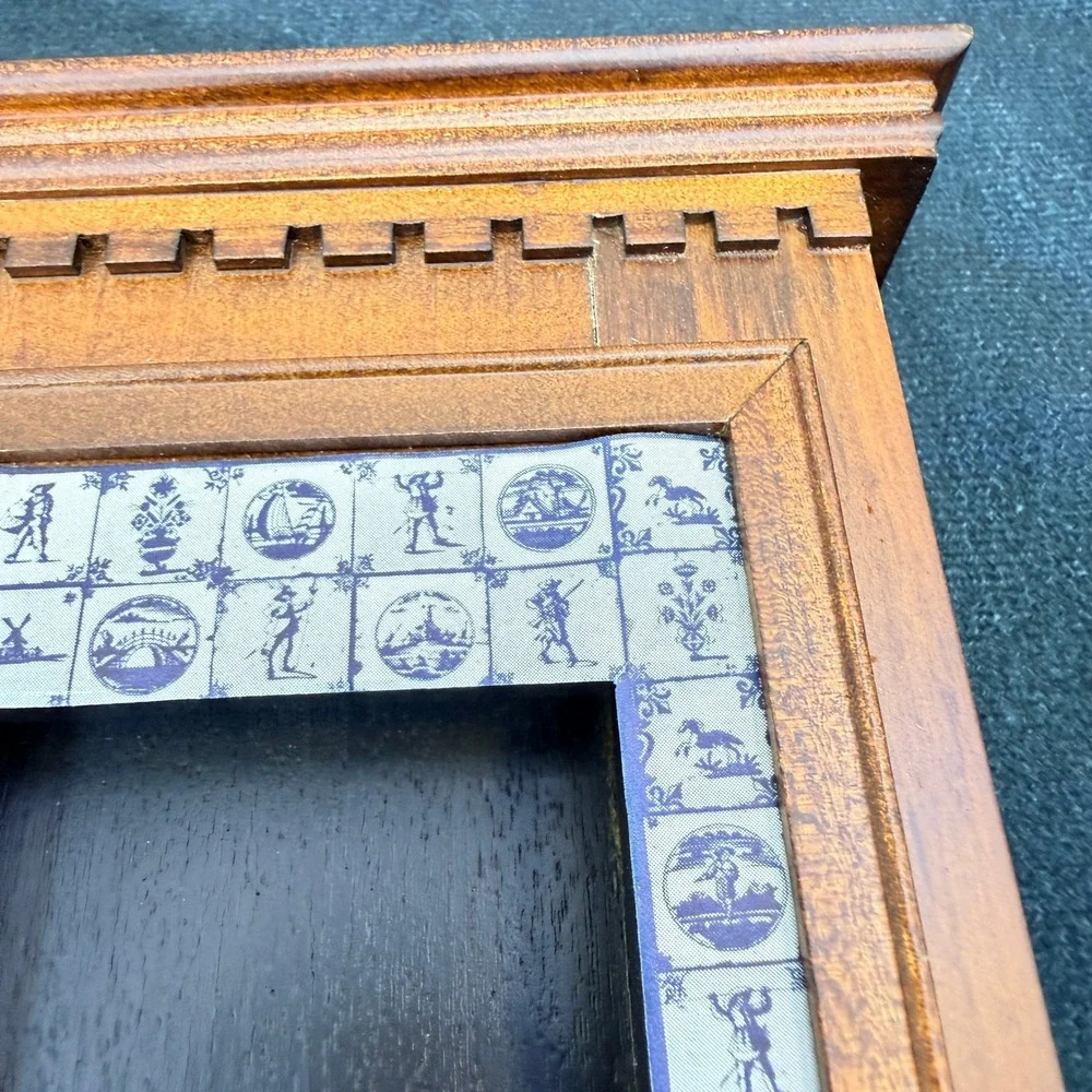 Vintage 1:12 Dollhouse Miniature Wood Fireplace Faux Delft Paper Tile Surround